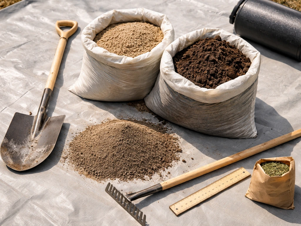 Neergelegde benodigdheden op zeilplaat: zand/topdressing, spade, hark, zaaimengsel en meetlat voor nivellering