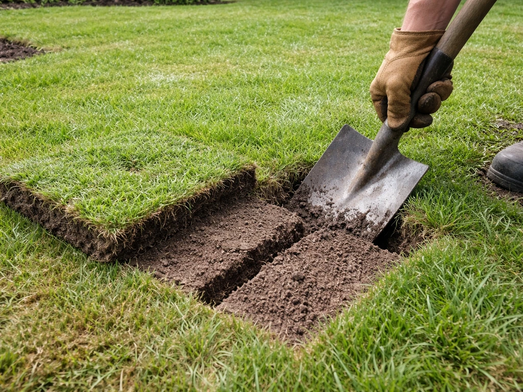 Close-up van een spade die een H-snede maakt in graszode; opgevouwen graszode ligt klaar om terug te leggen.