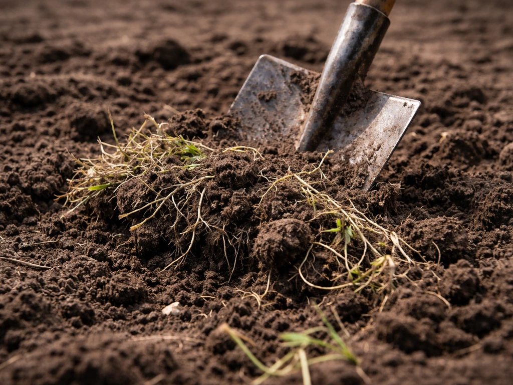 Handschep en grondfrees die onkruid en oude grasresten uit de bovenlaag loswoelen in een moestuinachtige ondergrond.