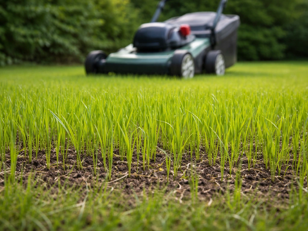 Jonge graszaailingen van 8–10 cm met een grasmaaier op juiste maaihoogte in een rustige tuin