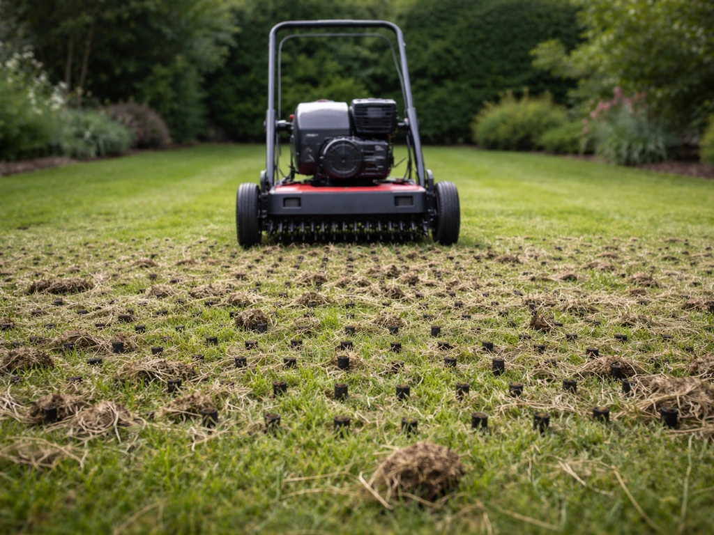 Tuinier geeft beluchting op een Engels siergazon met een beluchtingsmachine, met zichtbare viltlaag en open grond.