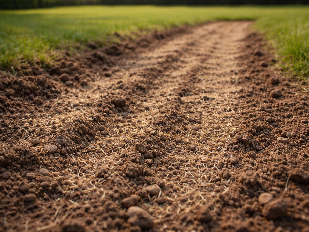Opengeharkte grond en vers ingezaaide stroken in een gazon met subtiele kiemplantjes.