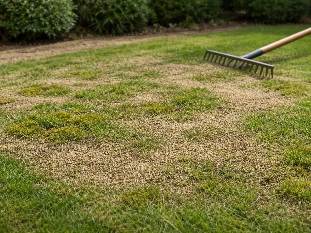 Gelijkmatige topdressinglaag op een gazon met mosplekken, met een eenvoudige tuinhark in een rustige achtertuin.