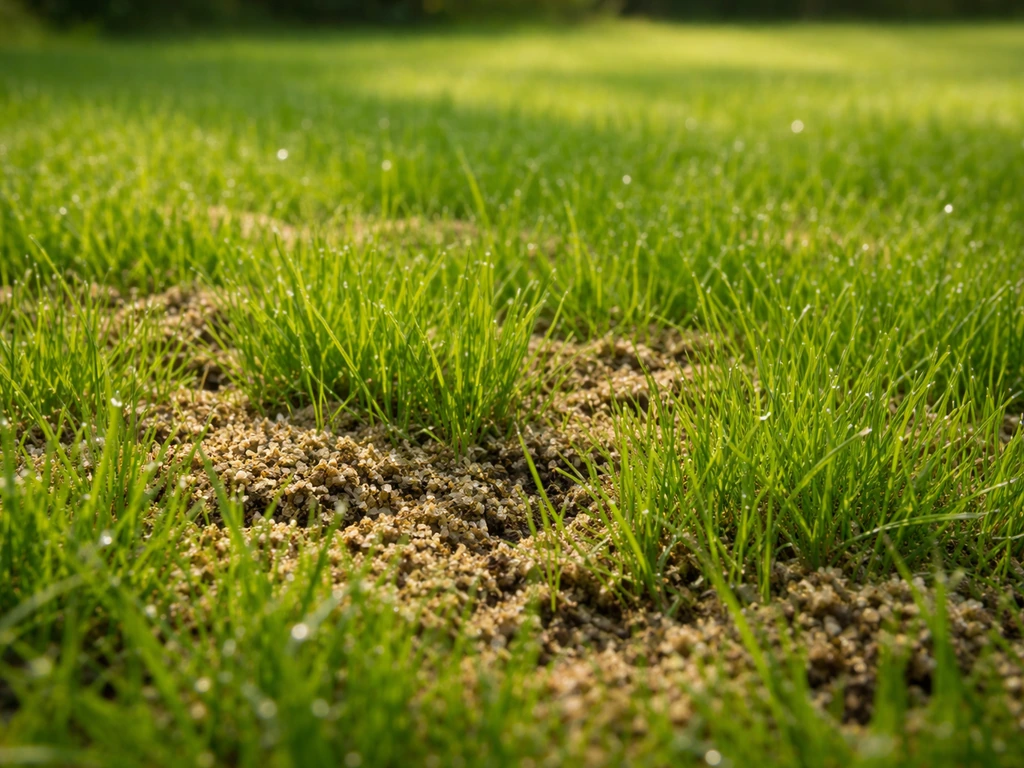 Gazon in april/mei met fris groeiende sprieten en zichtbare topdressing-kruimels tussen het gras