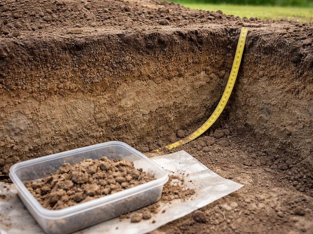 Close-up van bodemstructuur met zand en leem, met een meetlint en een klein grondmonster in neutrale verlichting.