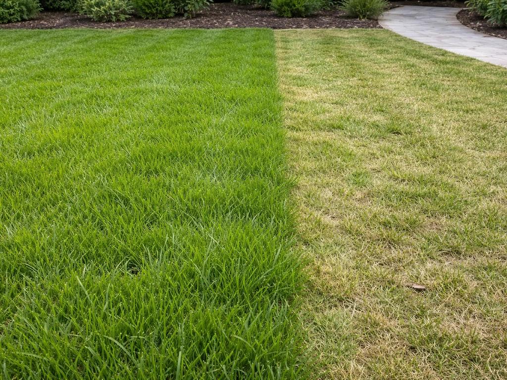 Gazon met twee stroken gras: links 6–8 cm, rechts veel te kort gemaaid gras met duidelijk lengteverschil.