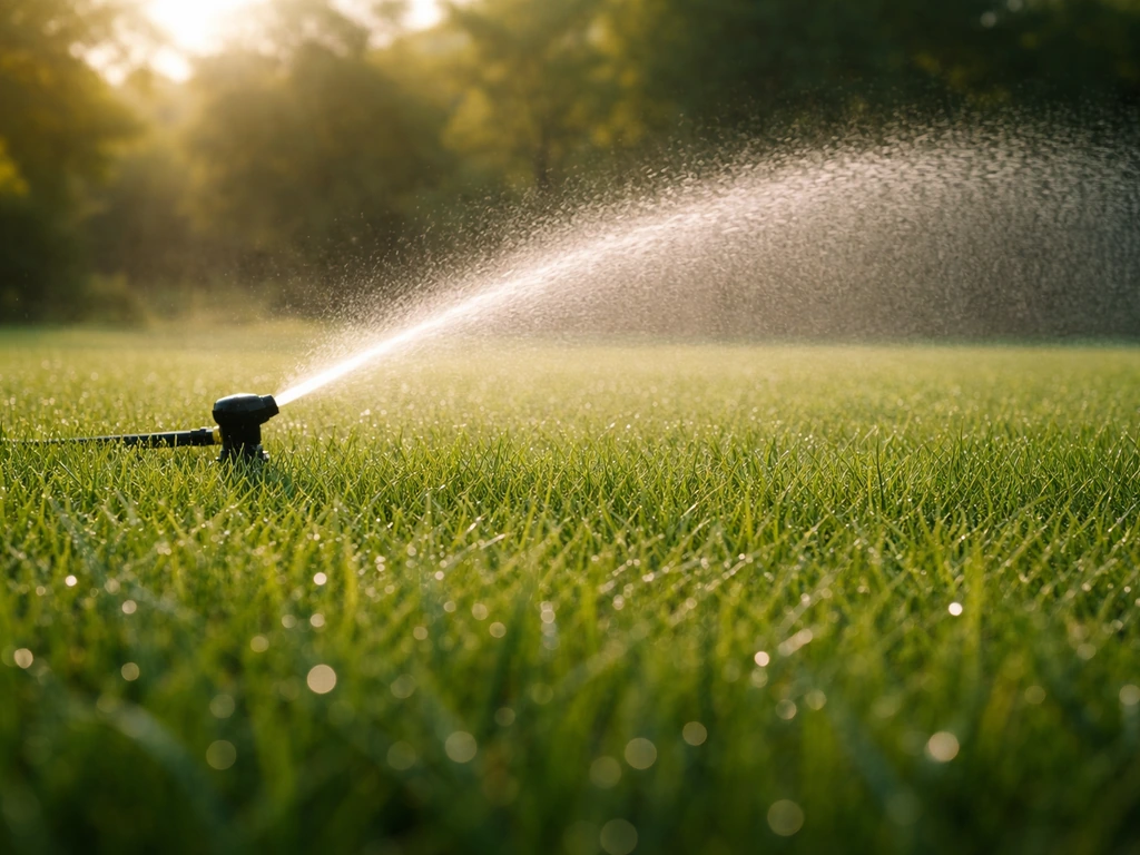 Vroeg in de ochtend sproeier die een gazon besproeit, met zichtbare waterdruppels op grasbladeren.
