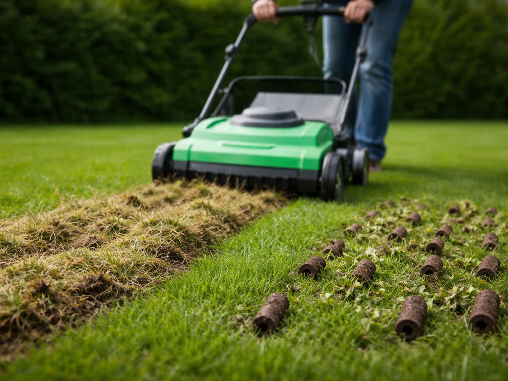 Tuinman met verticuteermes en beluchtingskernen in een gazon, zichtbare viltlaag en bodemoppervlak