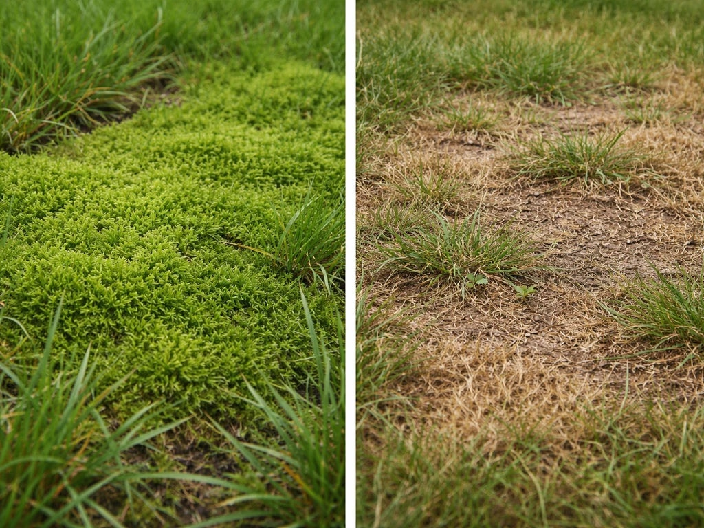 Close-up van gras met groene moslaag en kleine onkruid- en bruine plekjes, buiten in de tuin.