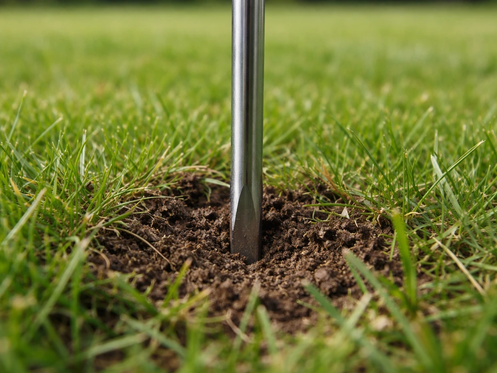 Close-up van een metalen staaf/schroevendraaier die ongeveer 10 cm in nat gras wordt geduwd voor bodemcheck