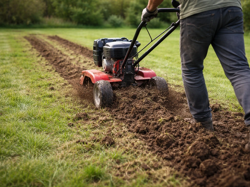 Tuinfrees die een gazon in banen openwerkt, grasresten en bovenlaag zichtbaar tijdens het frezen.