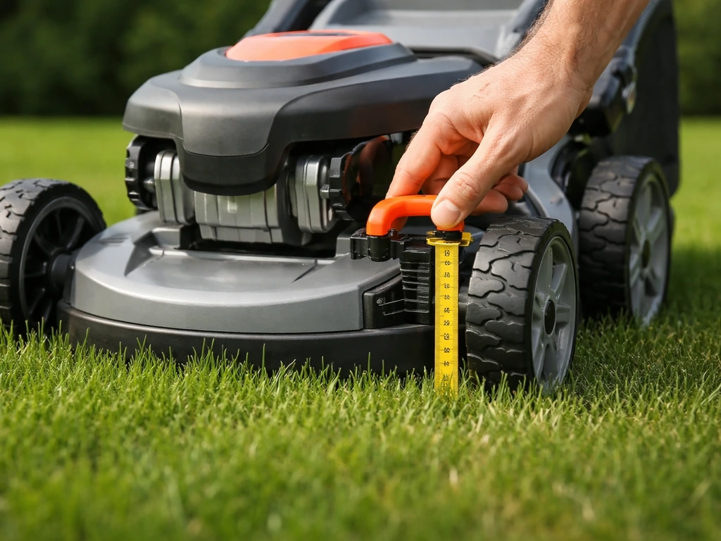 Close-up van een grasmaaier met ingestelde maaihoogte en een meetlint op een netjes gazon