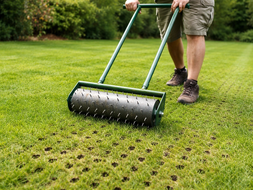 Gazon belucht met een prikrol, met zichtbare gaatjes in de grond voor wortel-zuurstof.