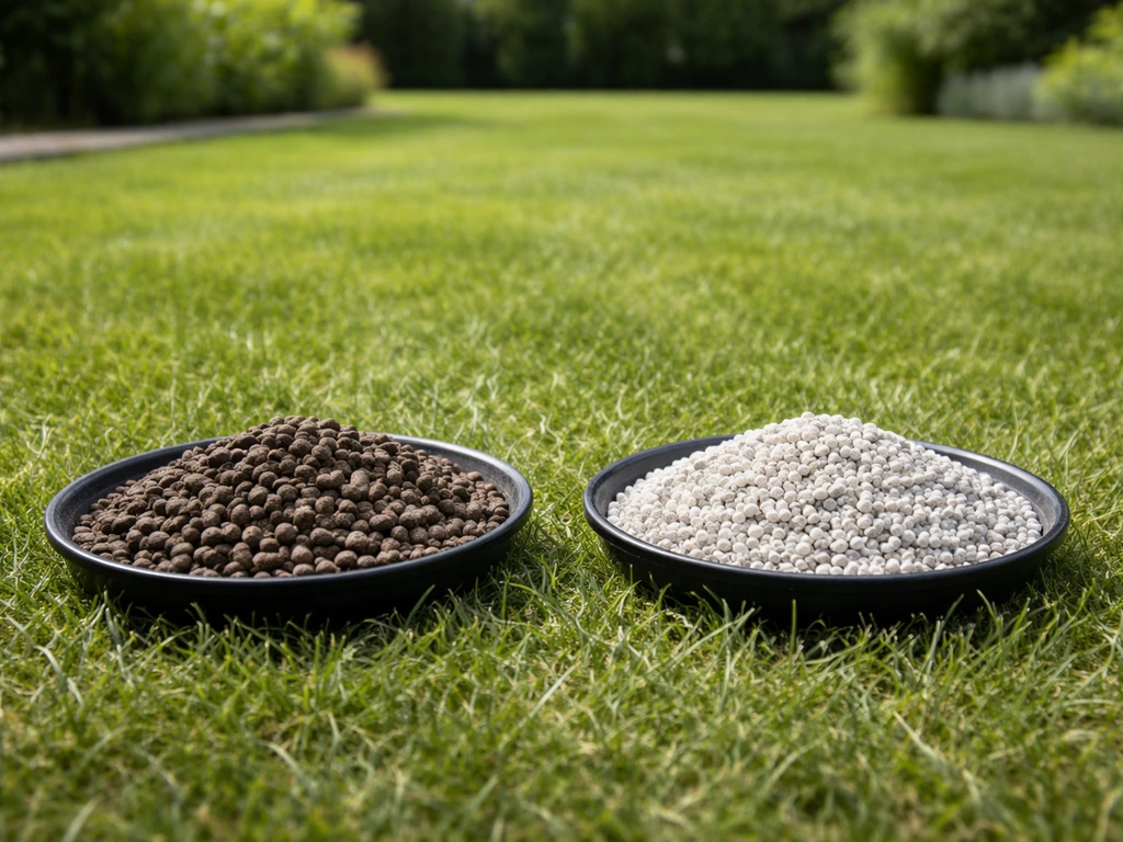 Twee soorten mestkorrels naast elkaar op een tuinschotel: organisch donkerbruin links en minerale kunstmest wit/grijs re