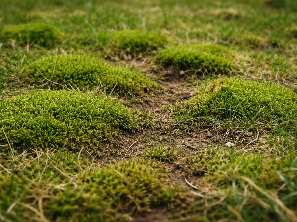 Close-up van moskussens in het gazon tussen schraal en verdicht gras, in natuurlijk daglicht.