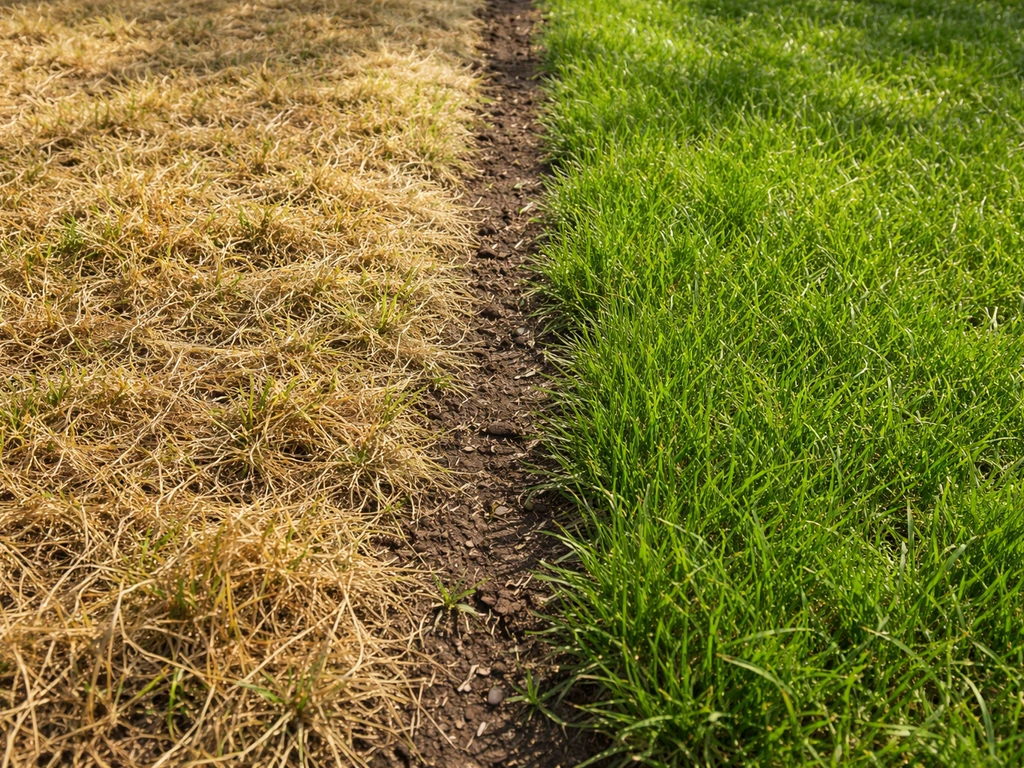 Close-up van geel verschroeid gras naast hersteld, groener gras na juiste bijsturing van bemesting.