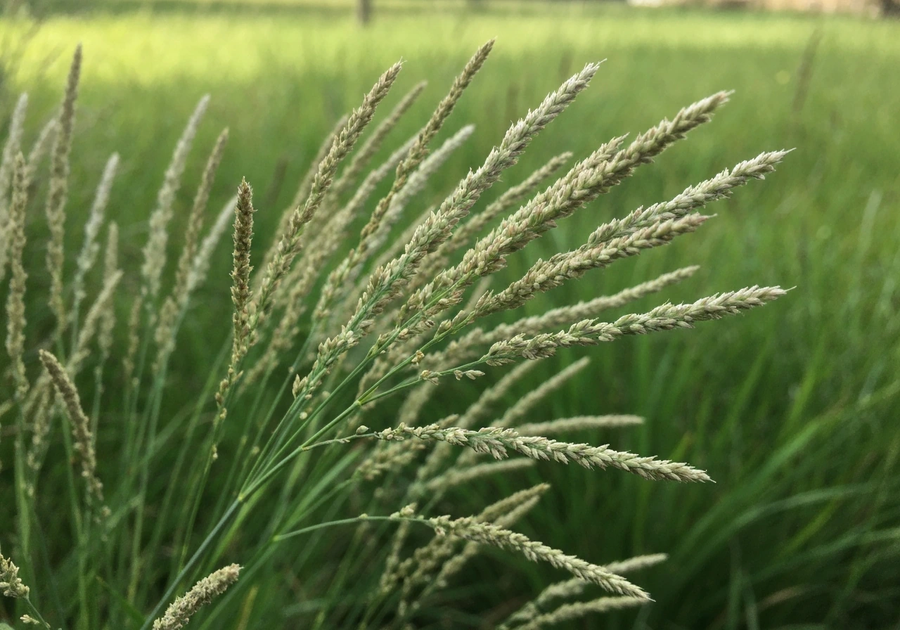Nederlands gazon met zichtbare grijsgroene pollen van gazon chiendent tussen gezond gras