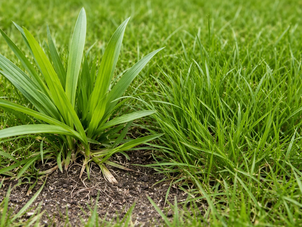 Close-up van kweekgras tussen gazongras, met zichtbare bladstructuur en groeivorm in een Nederlands gazon.