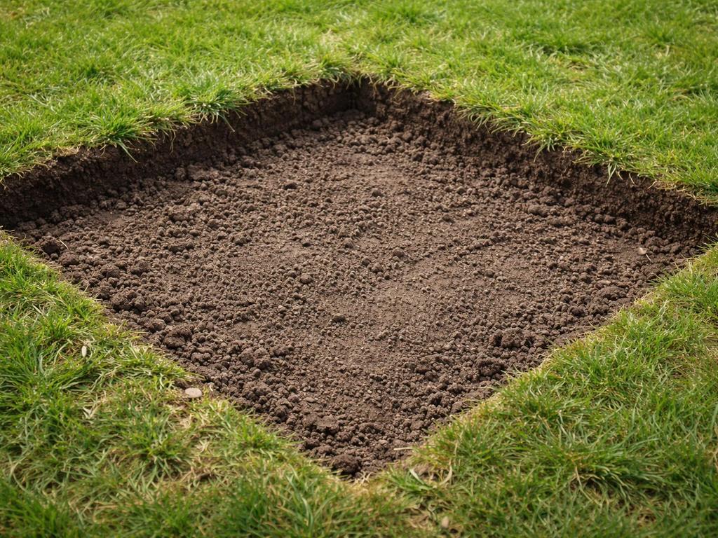 Uitgegraven kweekgrasplek in de tuin met afgebakende randen en voorbereide grond voor herstel.