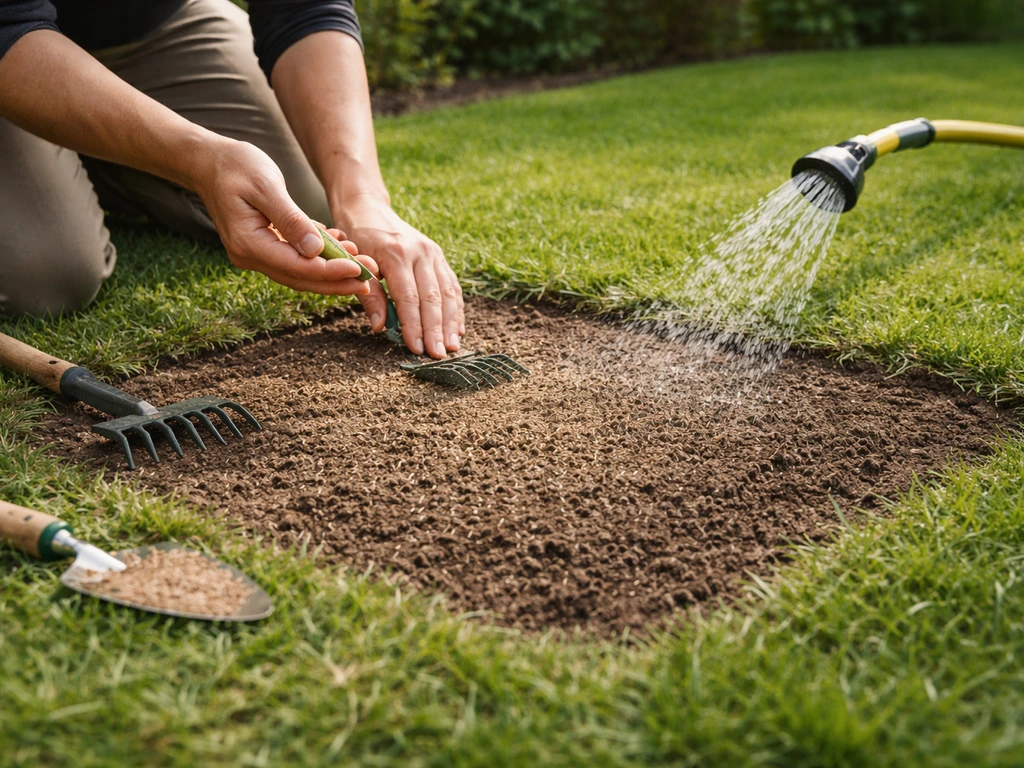 Tuinier werkt bij een kale plek: graszaad inzaaien en licht aanharken/drukken, direct daarna sproeien
