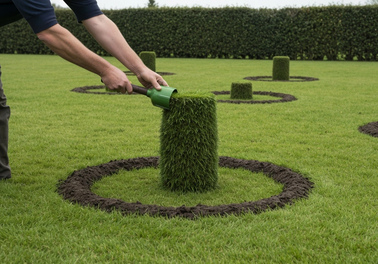 Tuinier werkt met beluchter op gazon, met zichtbare gaten rond herstelde plekken