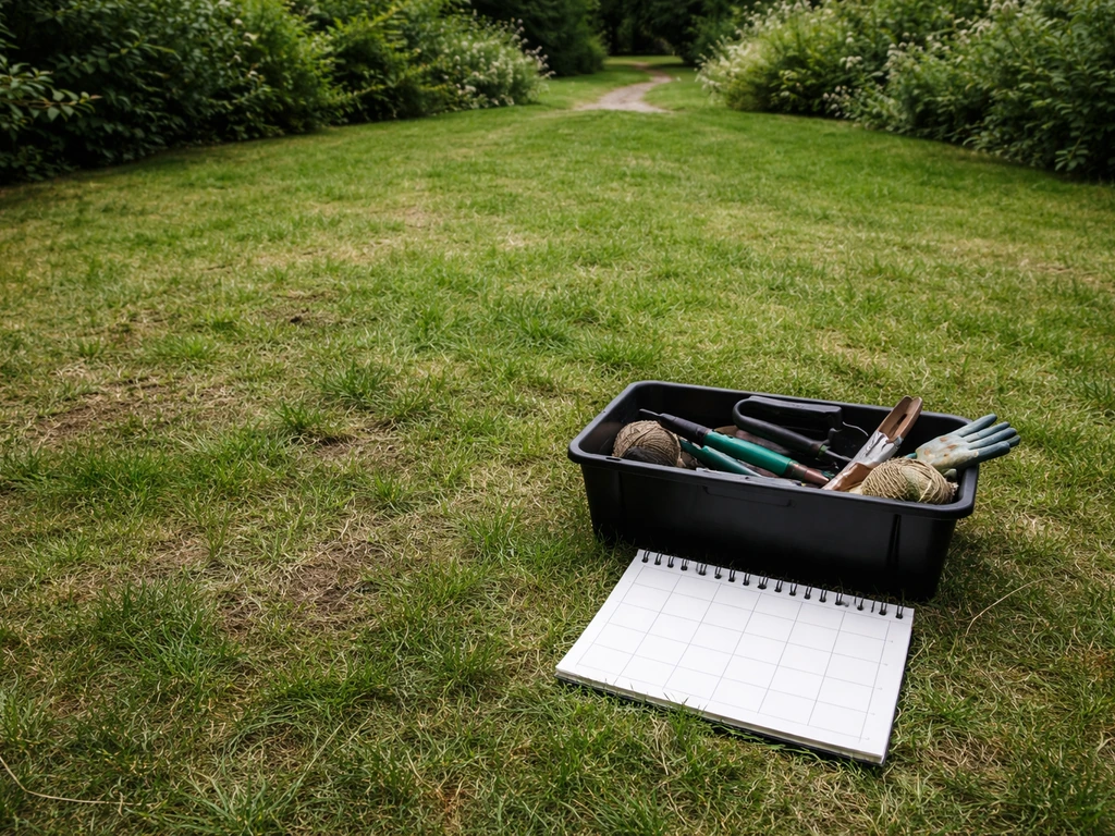Pelouse avant travaux avec outils et un petit calendrier vierge comme repère de timing.