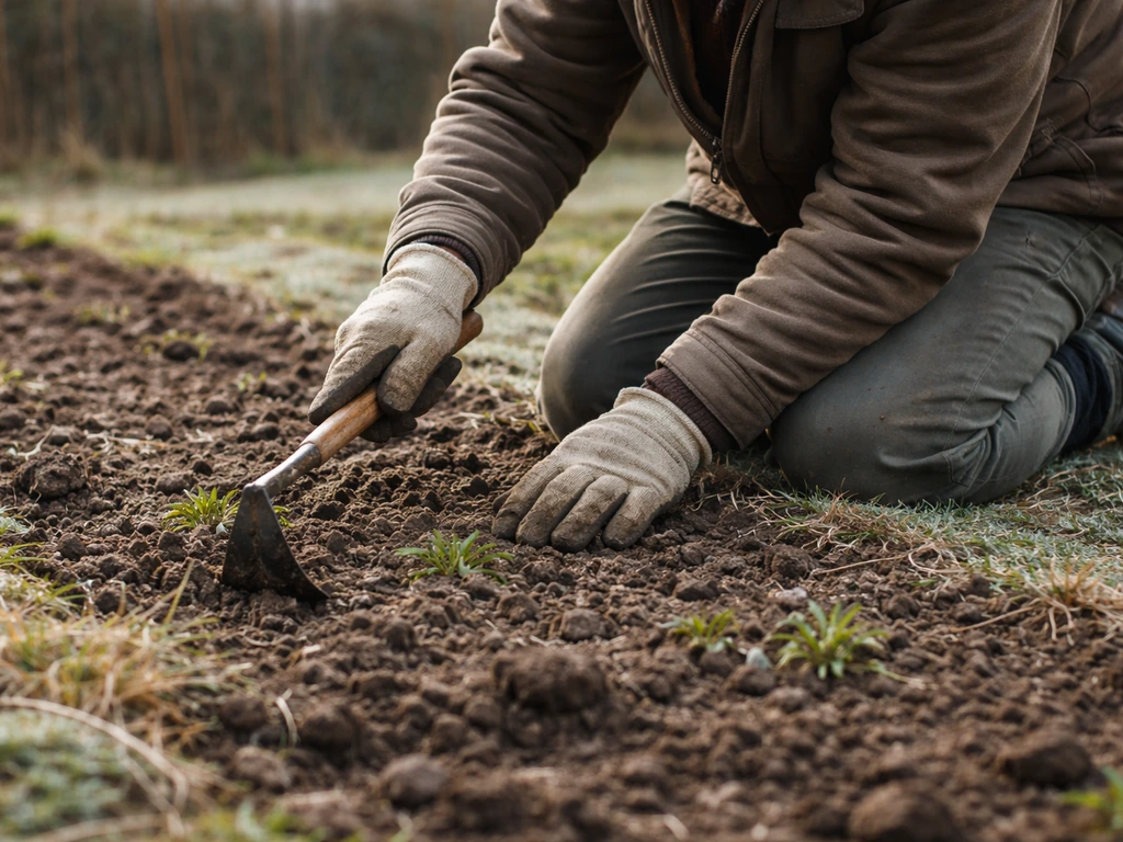 Un jardinier désherbe un potager en fin d’hiver, binette au ras du sol, jeunes repousses visibles.