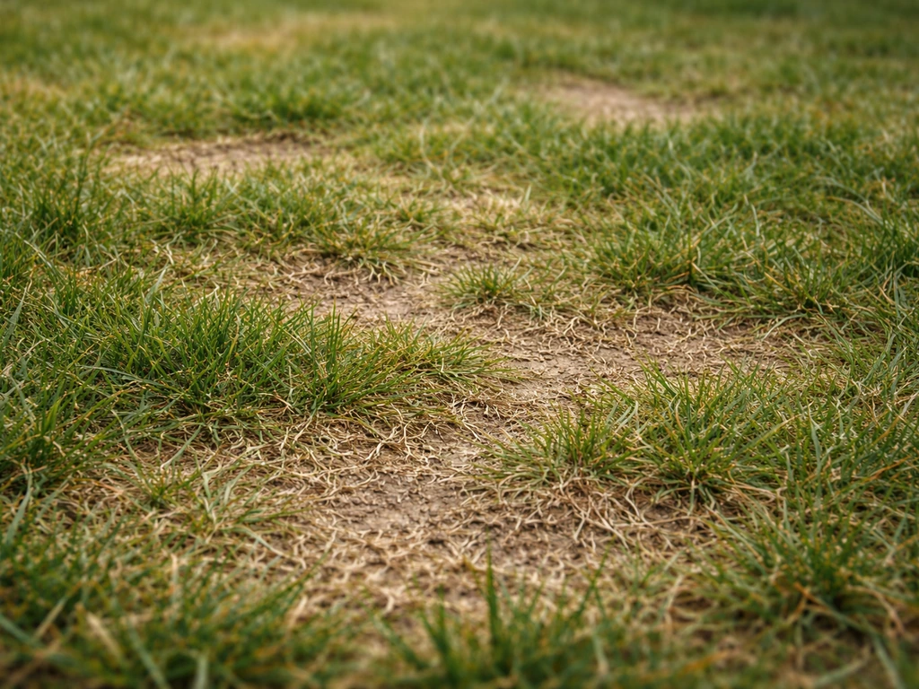 Gros plan d’une pelouse avec zones clairsemées, chaume visible et traces d’usure à diagnostiquer.