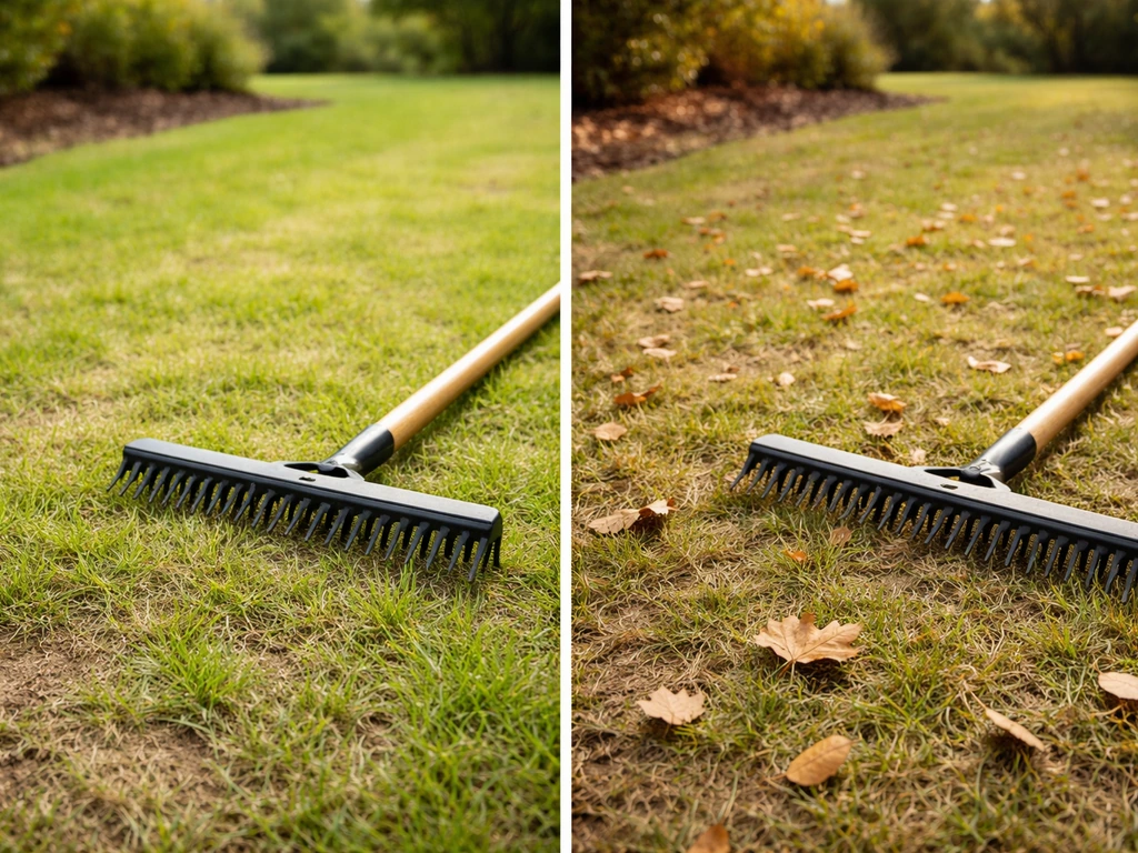 Comparaison : pelouse déchaumée au printemps à gauche et pelouse déchaumée à l’automne à droite, avec râteau.