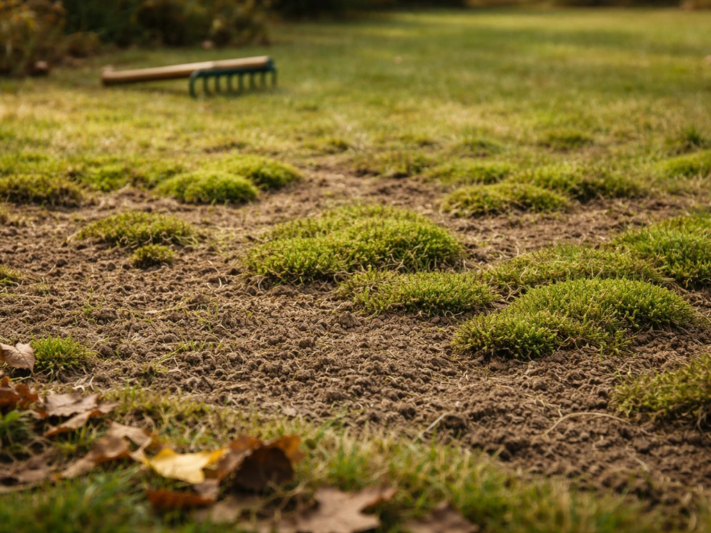 Pelouse d’automne envahie par la mousse, sol prêt pour déchaumage début octobre, feuilles mortes au bord.
