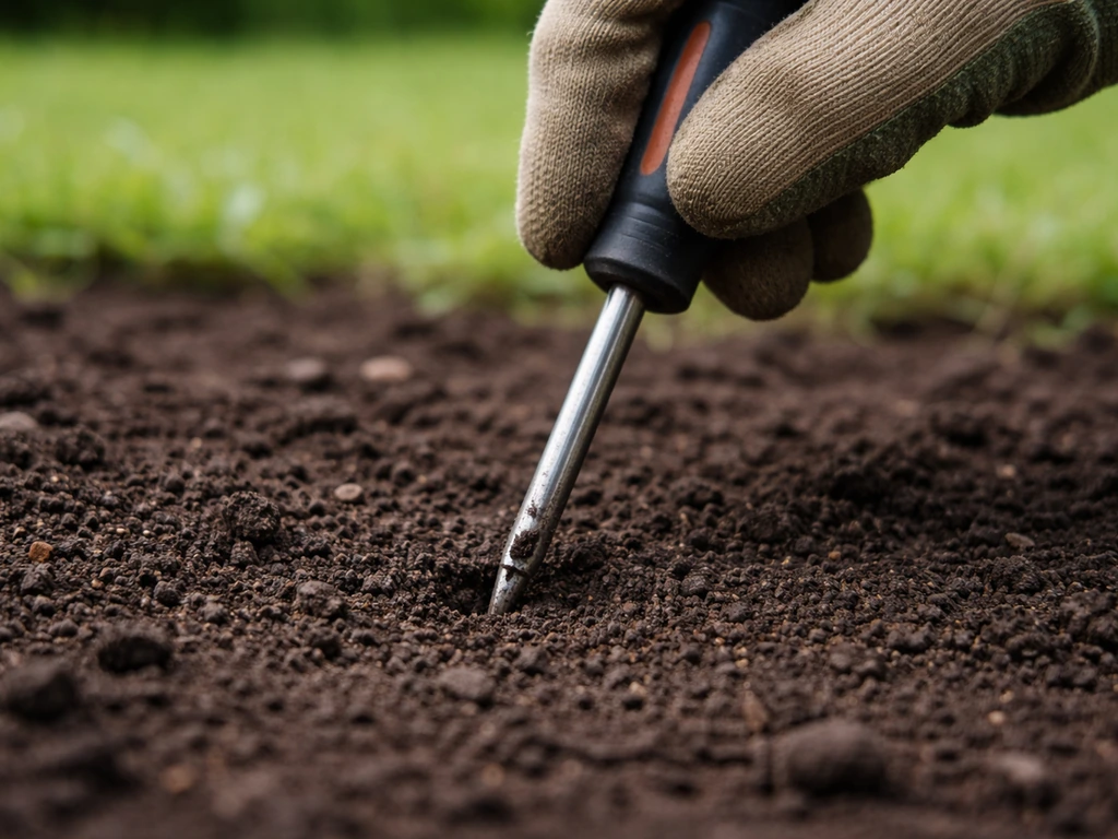 Main gantée enfonçant la pointe d’un tournevis dans la terre pour tester la compacité du sol.