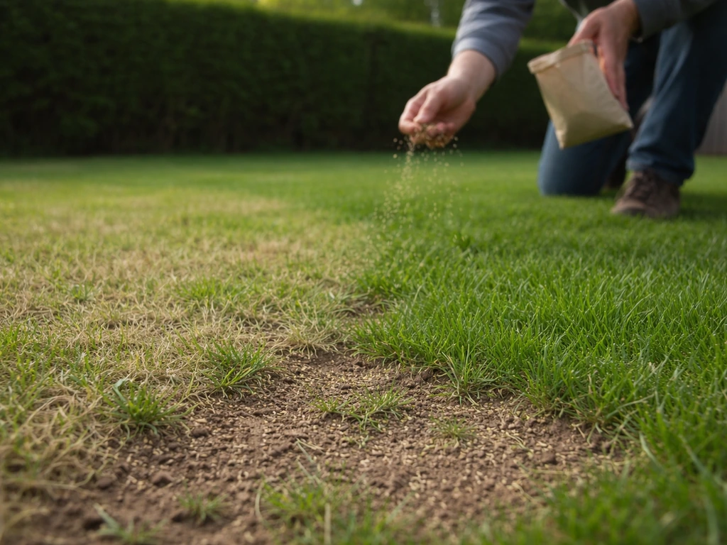 Gazon rattrapé : zones claires comblées avec jeunes brins, contraste avant/après dans un jardin.