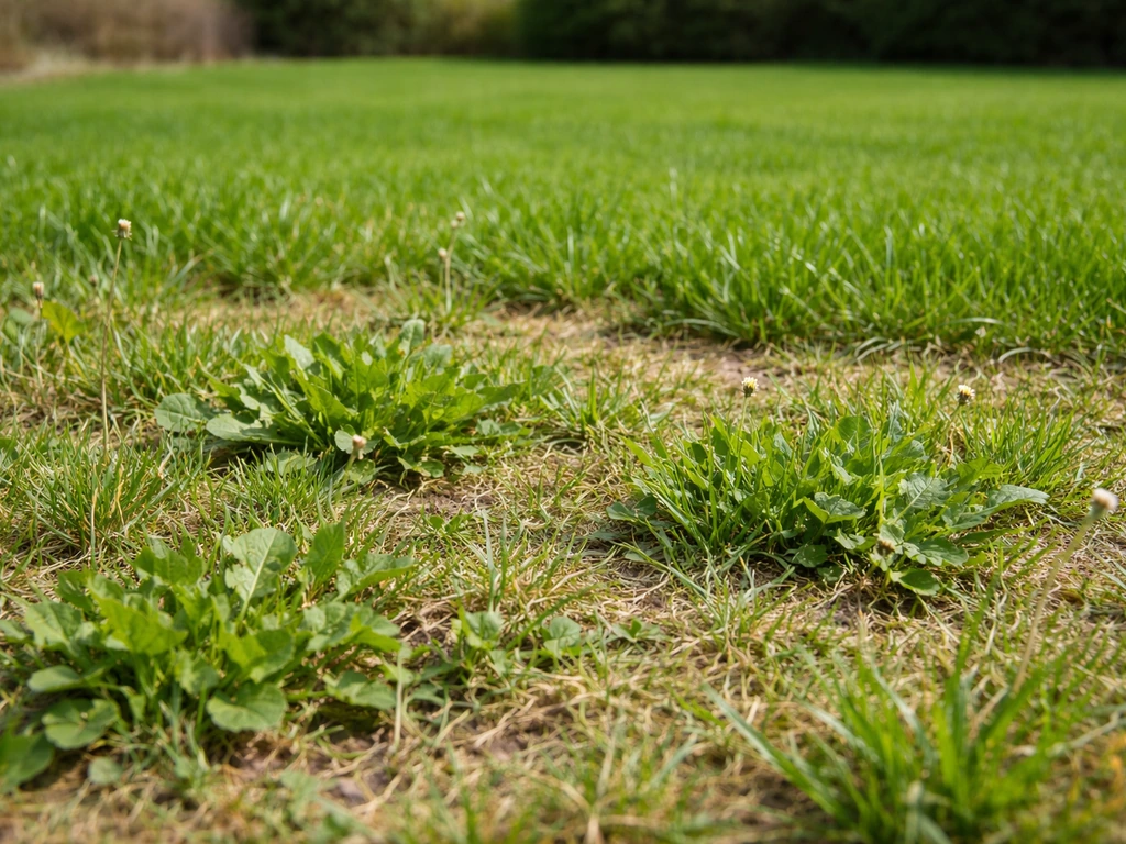Pelouse française envahie de mauvaises herbes au premier plan, zone de gazon intacte en arrière-plan.