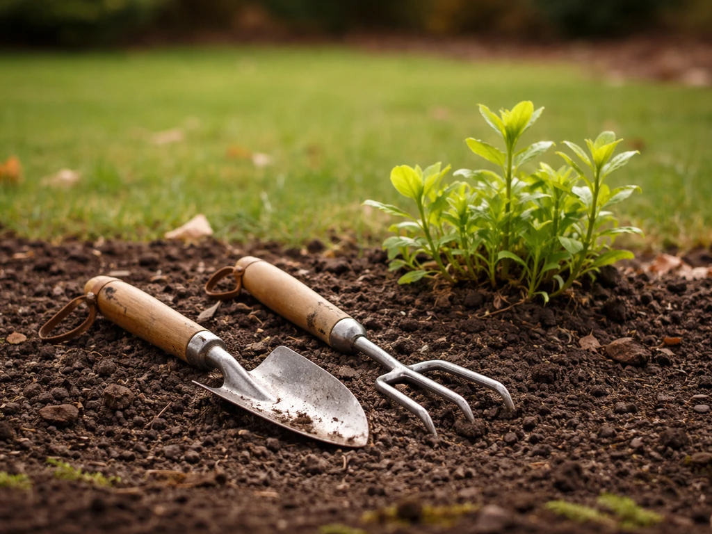Outils de désherbage sur une pelouse, jeunes pousses de printemps, jardin calme, ambiance saisonnière.