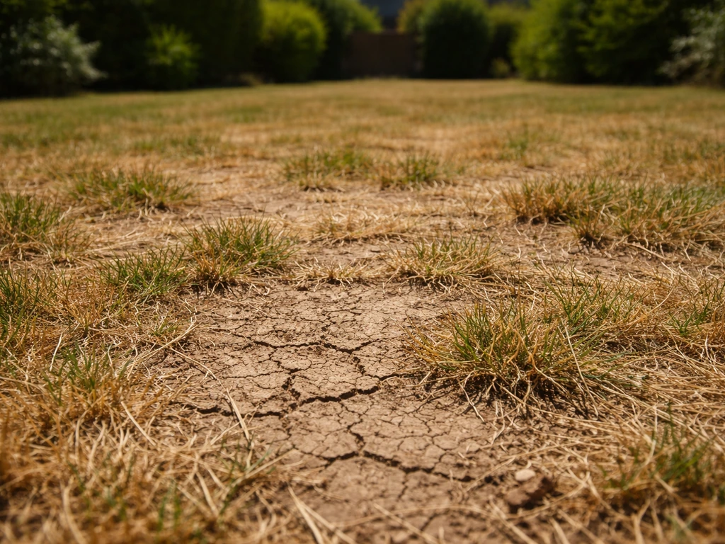 Pelouse claire et sèche en été, avec terre apparente et gazon clairsemé en arrière-plan.