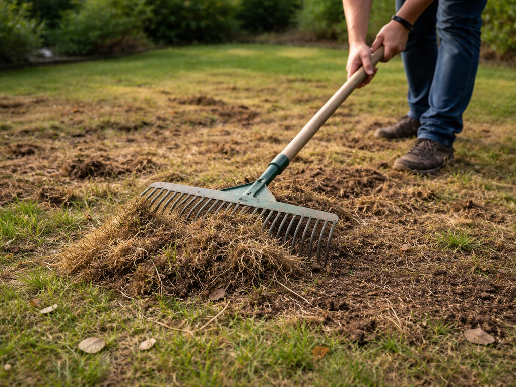 Jardinier passe un râteau après la scarification, sol couvert de feutre et mousse en décomposition.