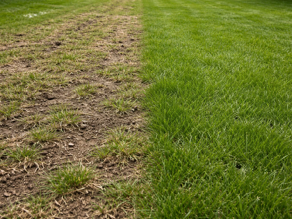 Pelouse après scarification : zone clairsemée à regarnir à côté d’une zone dense prête à être complétée