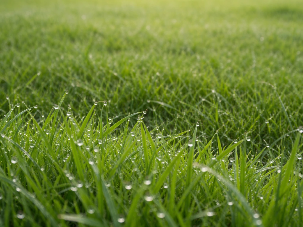 Brins d’herbe avec rosée, puis brins secs en arrière-plan, pour illustrer le moment idéal avant la tonte.