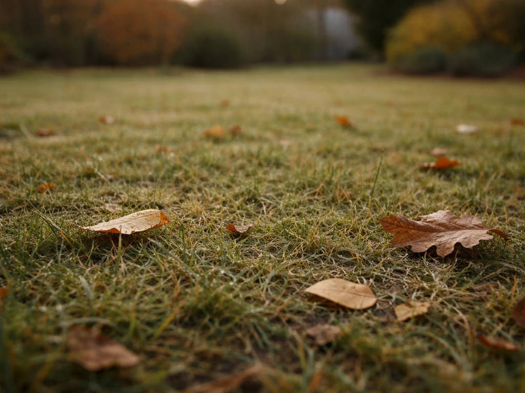 Pelouse de novembre avec rosée et feuilles au sol, herbe courte, tonte presque absente.