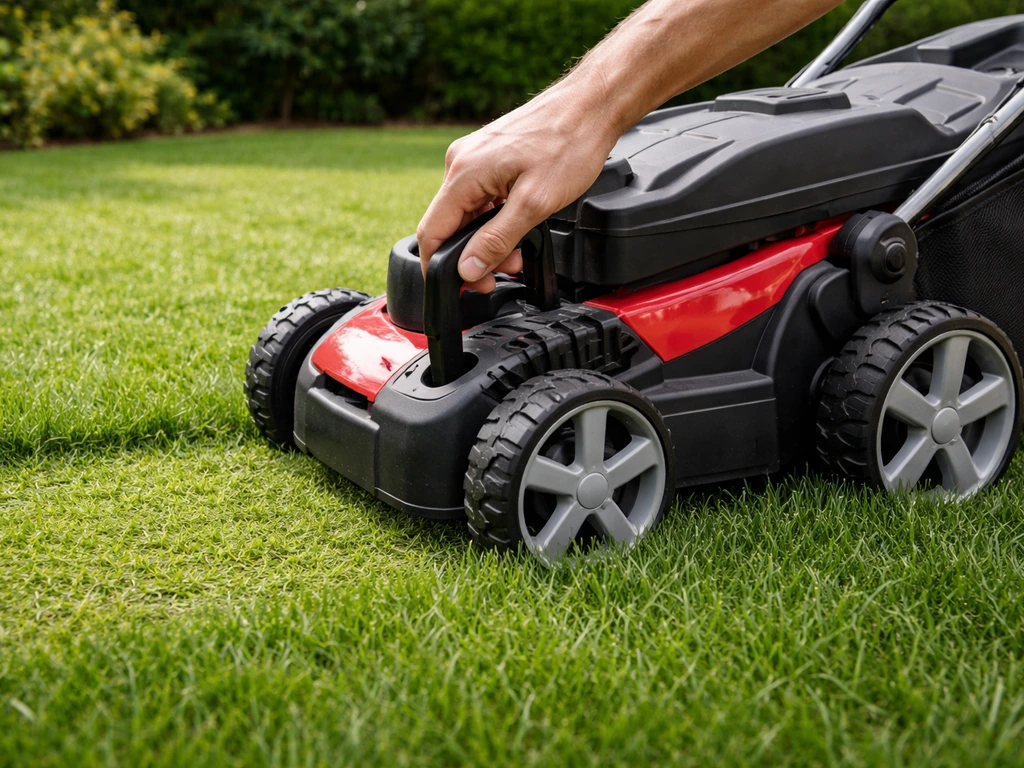 Réglage de la hauteur sur une tondeuse et deux hauteurs d’herbe montrant comment éviter de tondre trop court.