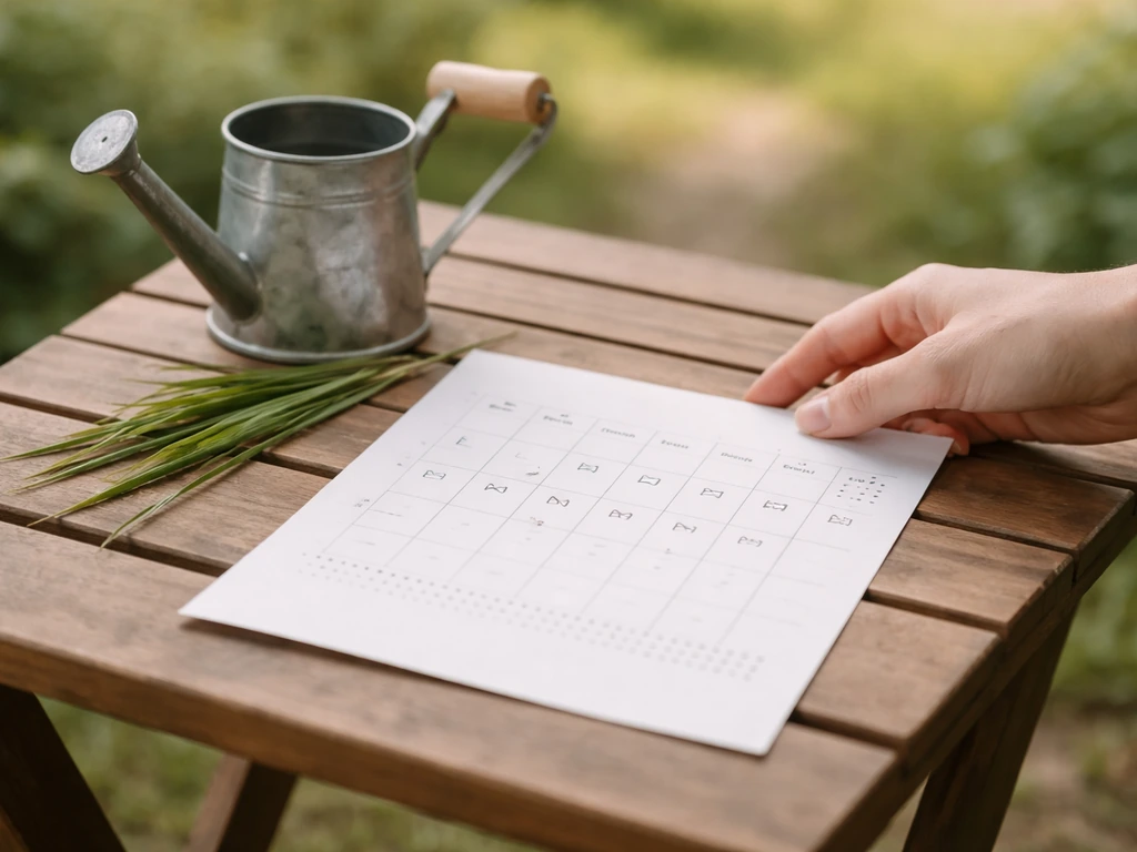 Gazon tondu et feuille de calendrier avec cases cochées, posés sur une table de jardin en pleine journée.