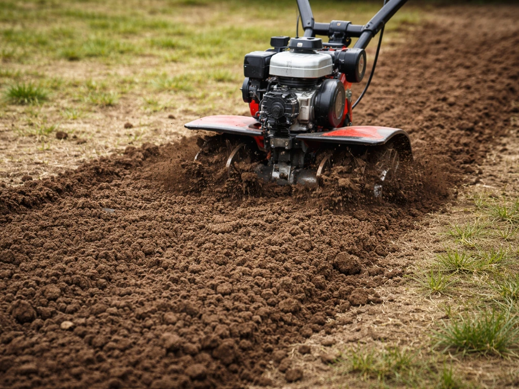 Motoculteur labourant une zone de gazon : terre émiettée et prête pour le resemis.