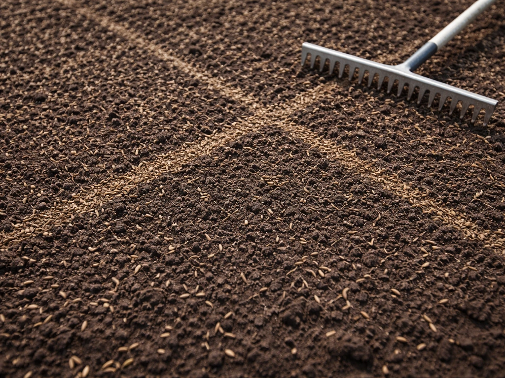 Gazon fraîchement semé avec des lignes croisées, griffage léger au râteau à dents fines