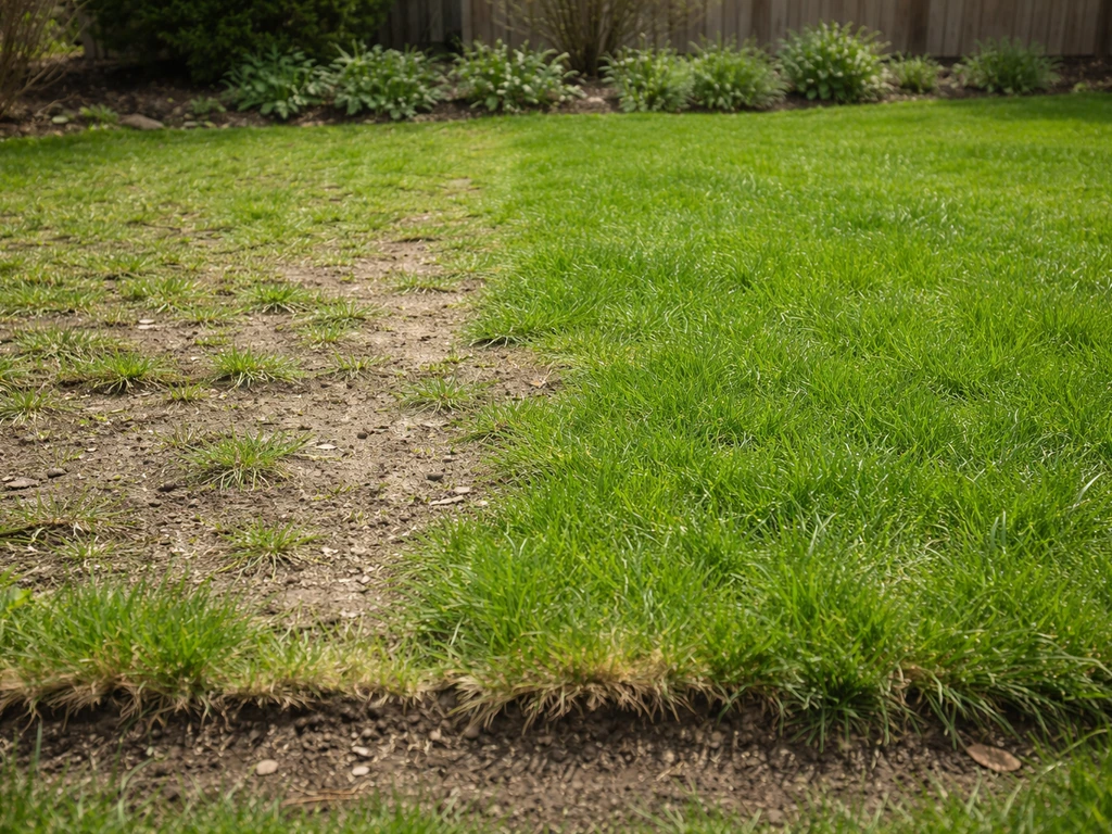 Pelouse de jardin avec une petite zone piétinée et clairsemée, repérable pour une réparation localisée.