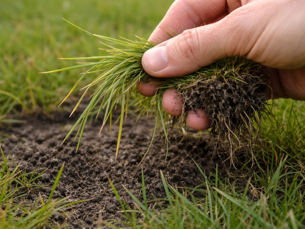 Main tirant une poignée de brins d’herbe, certains se détachent facilement, d’autres résistent