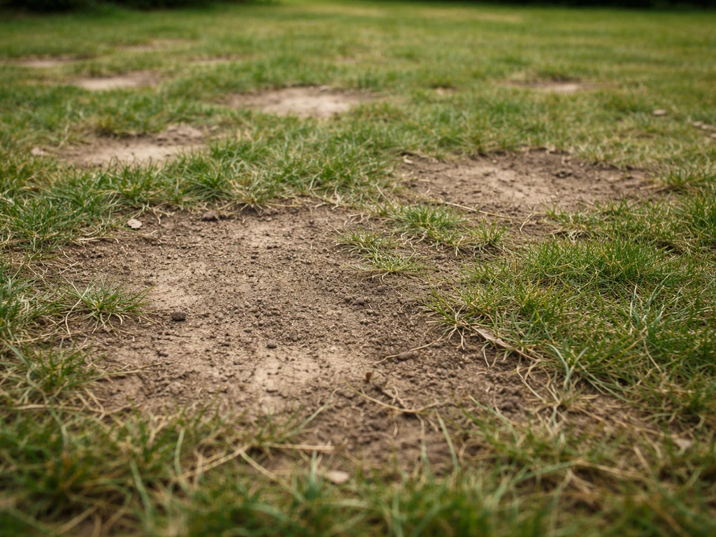 Pelouse clairsemée avec zones vides et traces d’usure, sol légèrement compacté visible au premier plan.