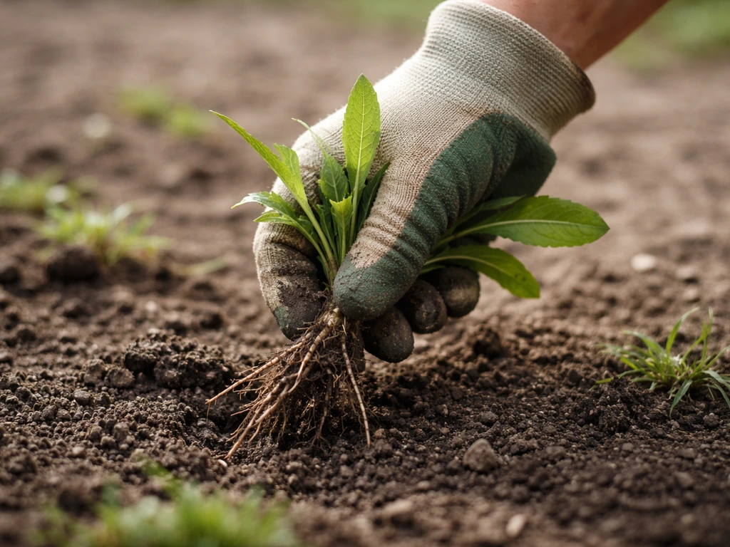 Main en gants qui arrache une mauvaise herbe à racines au ras du sol sur une zone à regarnir.