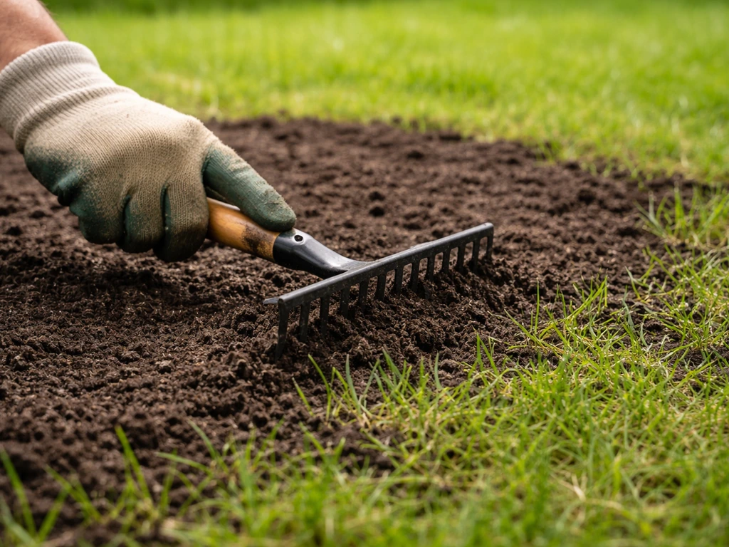 Main gantée qui étale un terreau fin de 1–2 cm sur une pelouse et le brosse entre les brins d’herbe.