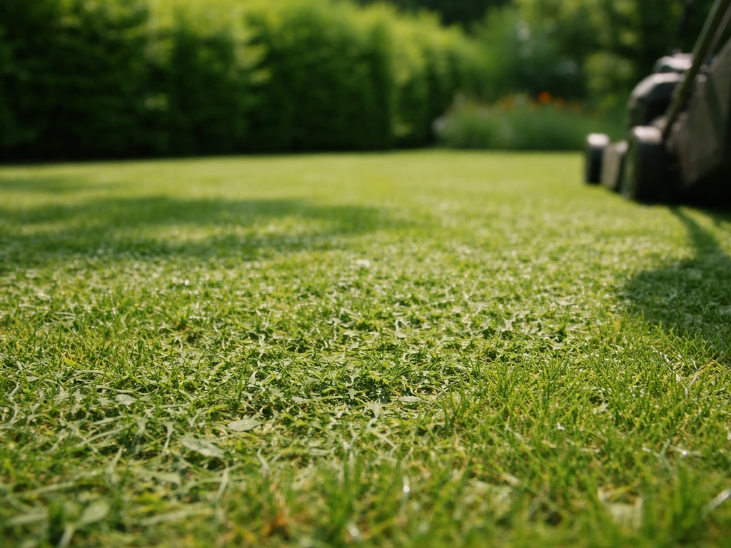 Pelouse fraîchement tondue avec des brins d’herbe laissés sur place, illustrant le mulching au jardin.