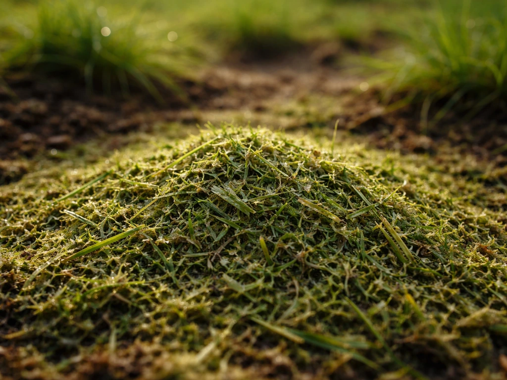 Brins d’herbe finement broyés sur un sol vivant, illustrant une tonte bien gérée.